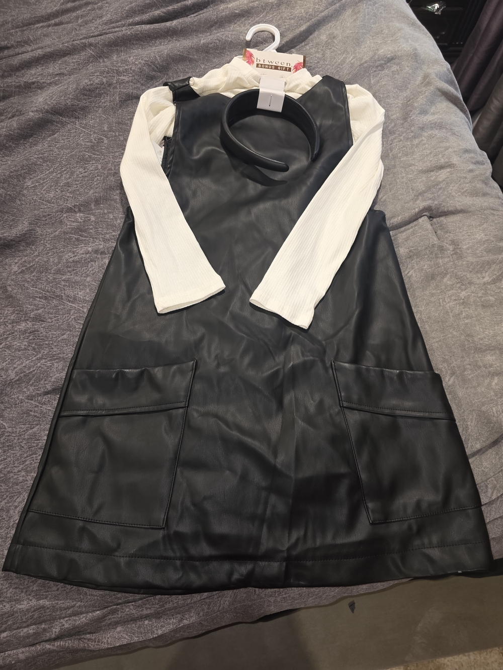 Faux Leather Black Pinafore Dress with White Mock-Neck Layer